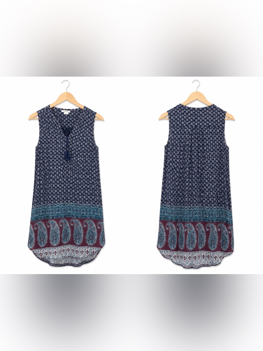 BeachLunchLounge Sleeveless Boho Print Shift Dress Size Small Navy Burgundy